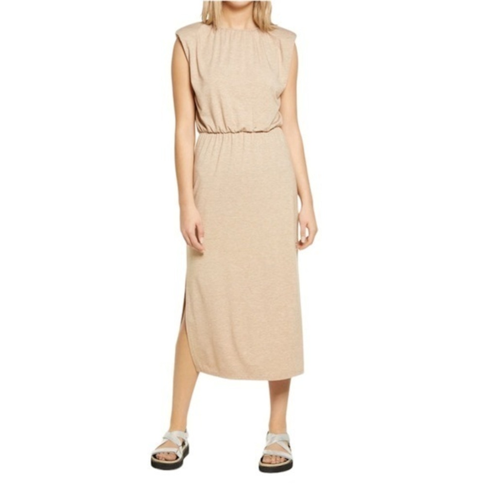 WAYF Padded Shoulder Midi Sand Dress